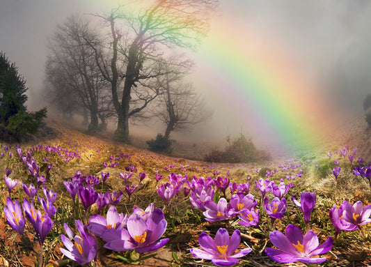 Image of a rainbow over a field of purple crocus, photo 48349620 by Panaramka  Dreamstime.com