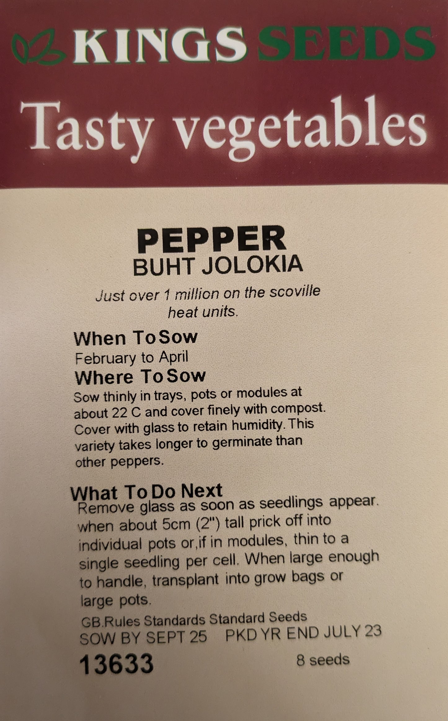 Kings Seeds Chilli Pepper Bhut Jolokia 8 Seeds - Reduced due to short date