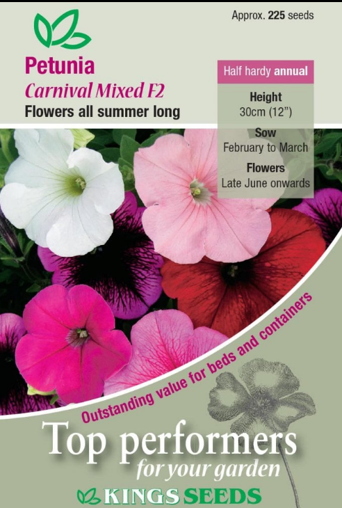 Kings Seeds Petunia Carnival Mixed F2 Hybrid 225 Seeds
