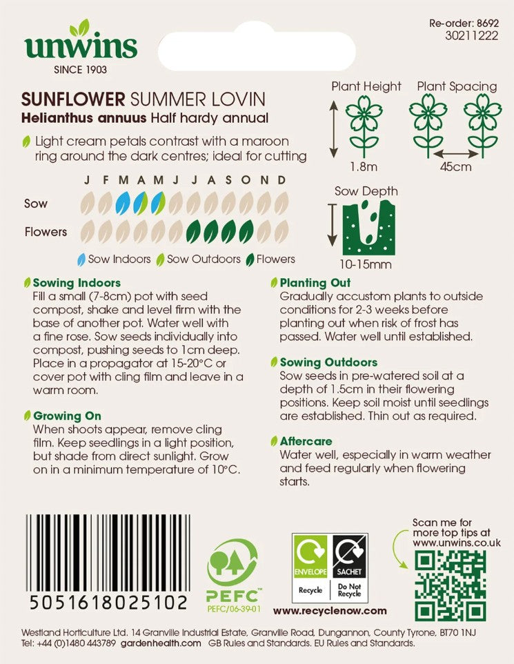 Unwins Sunflower Summer Lovin 15 Seeds – Cream & Maroon Blooms