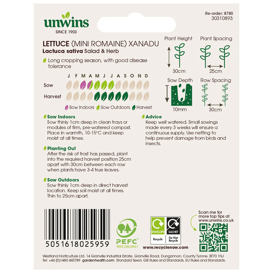 Unwins Mini Romaine Lettuce Xanadu 250 Seeds – Crisp Compact
