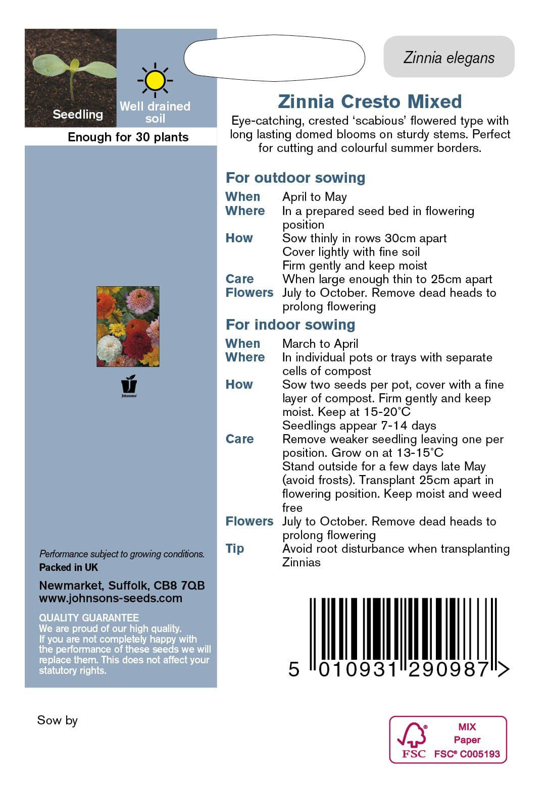 Johnsons Seeds Zinnia Cresto Mix 30 Seeds