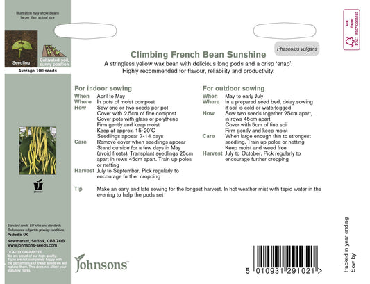 Johnsons Seeds Climbing French Bean Sunshine 50 Seeds