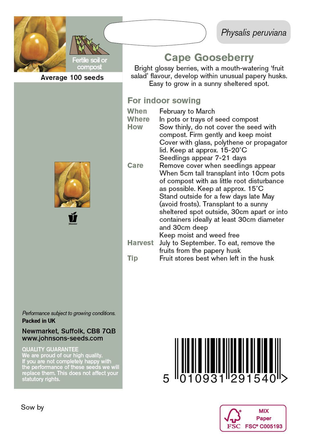 Johnsons Seeds Cape Gooseberry Physalis Peruviana 100 Seeds