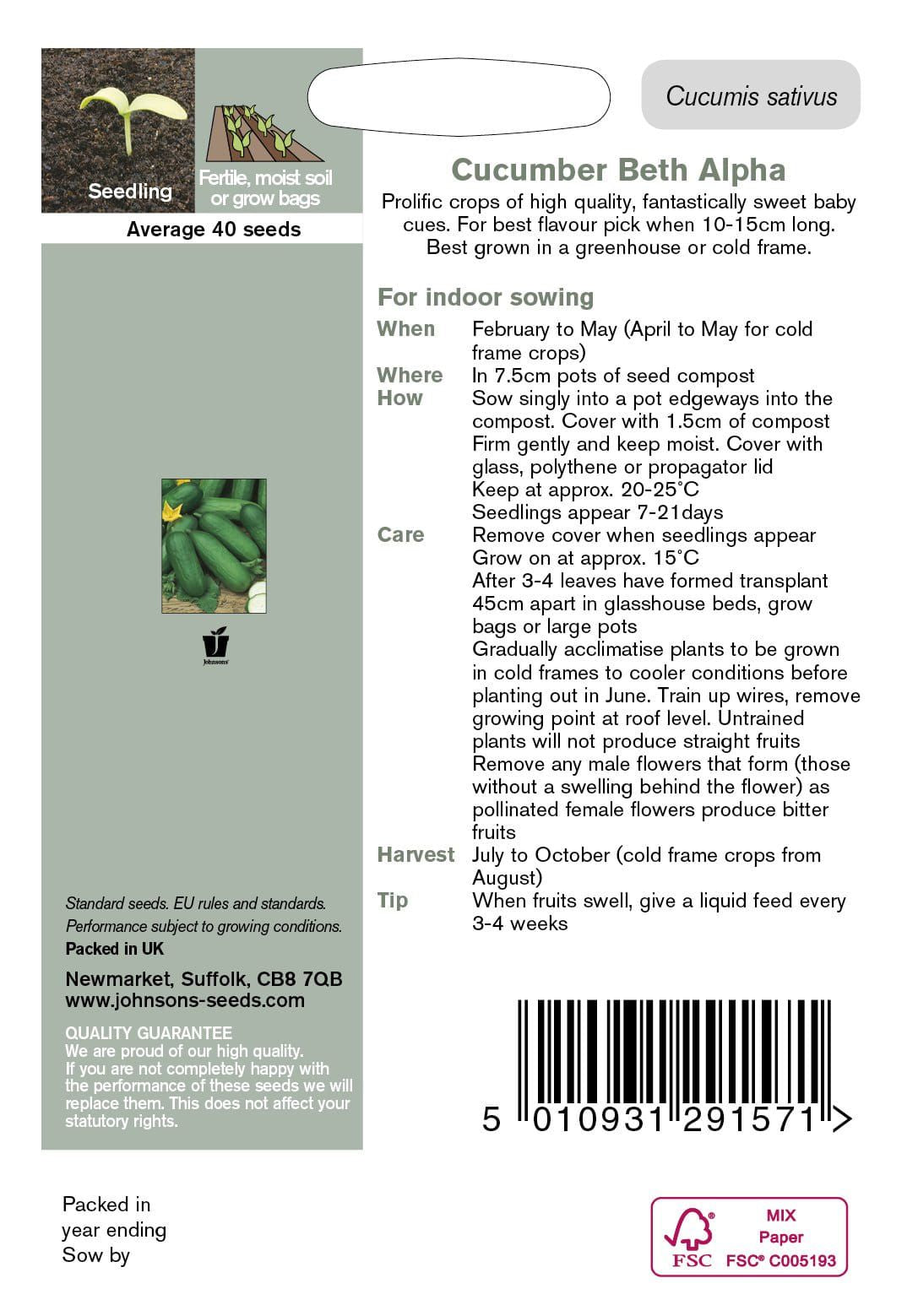 Johnsons Seeds Cucumber Beth Alpha 40 Seeds