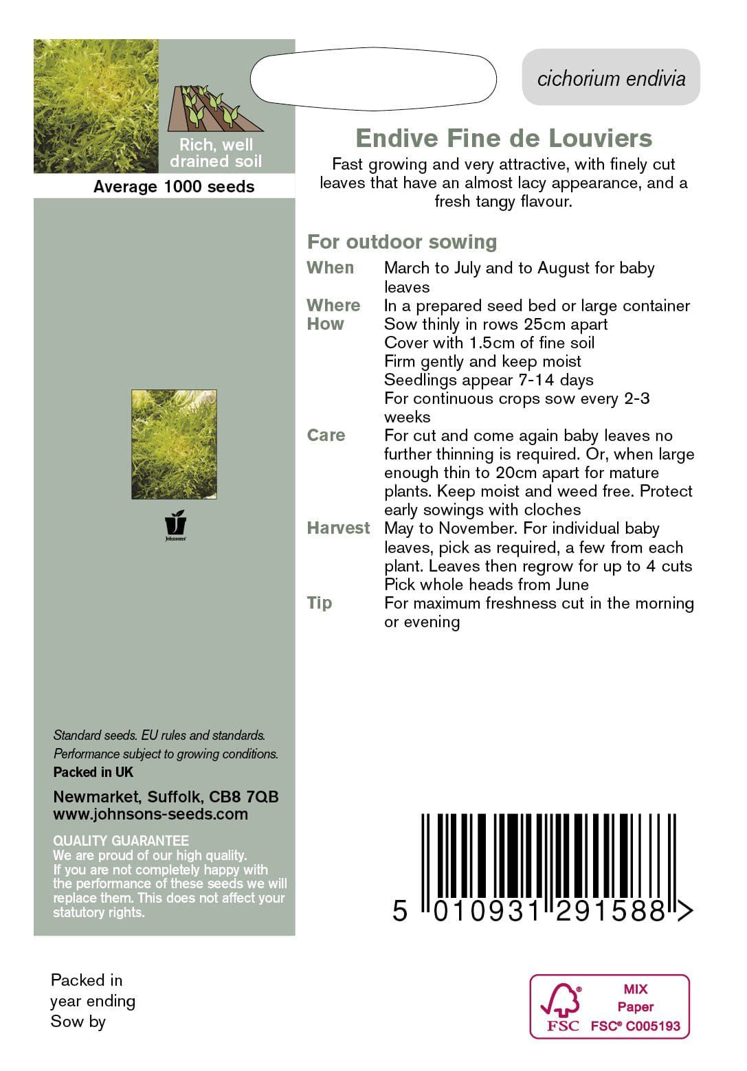 Johnsons Seeds Endive Fine De Louviers 1000 Seeds