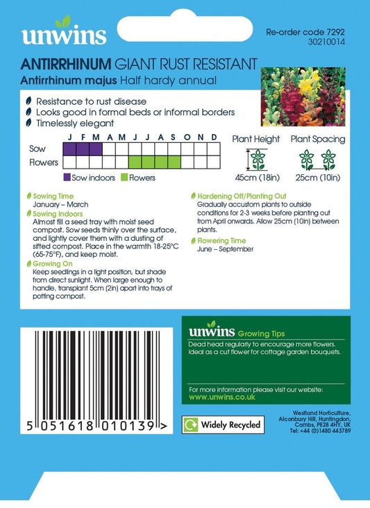 Unwins Antirrhinum Giant Rust Resistant 1700 Seeds
