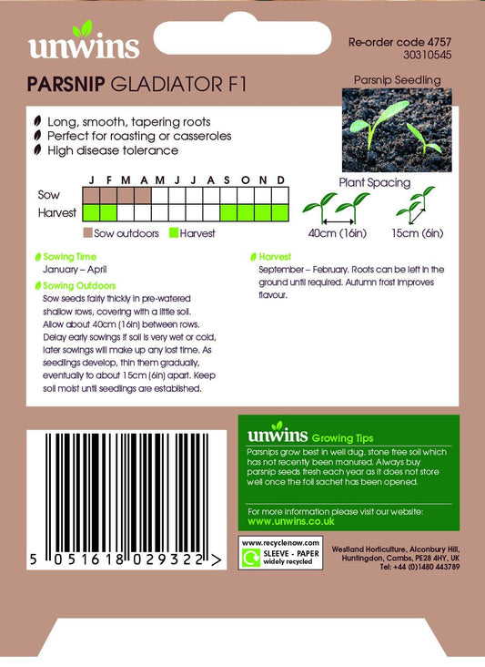 Unwins Parsnip Gladiator F1 - 400 Seeds