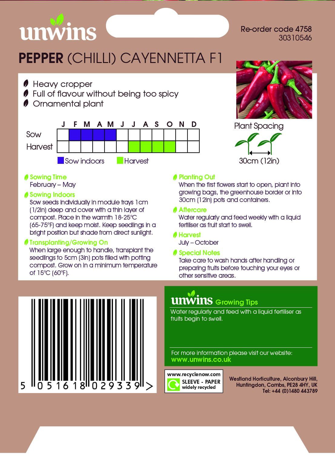 Unwins Pepper (Chilli) Cayennetta F1 - 25 Seeds