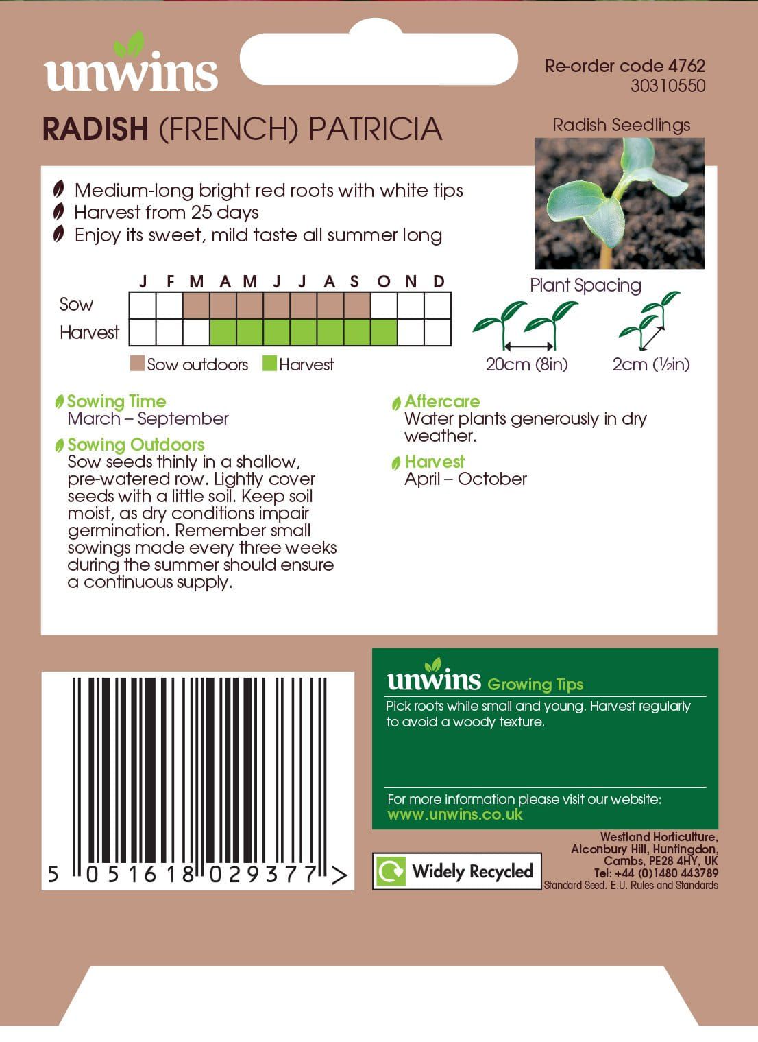 Unwins Radish French Patricia 450 Seeds