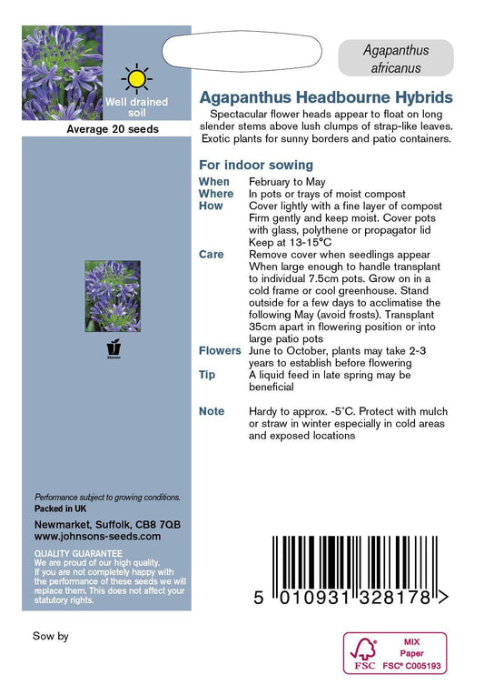 Johnson Seeds - Flower - Agapanthus Headbourne Hybrids - 20 Seeds