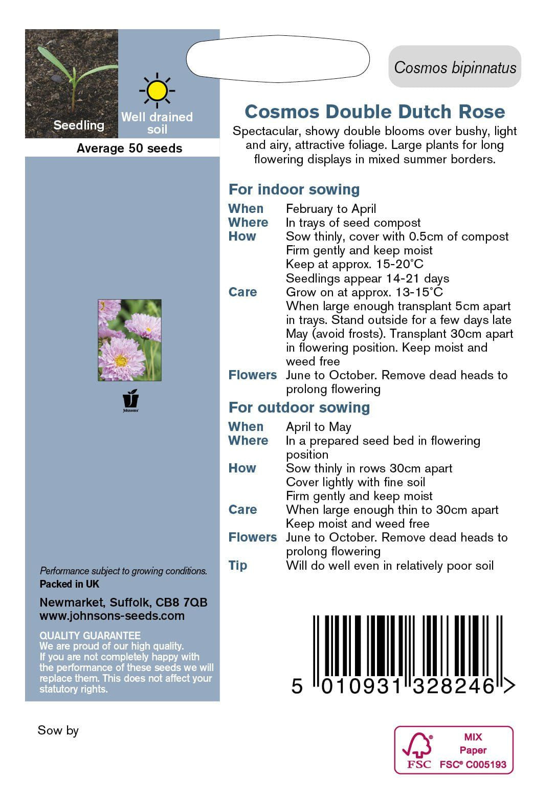 Johnson Seeds - Flower - Cosmos Double Dutch Rose - 50 Seeds