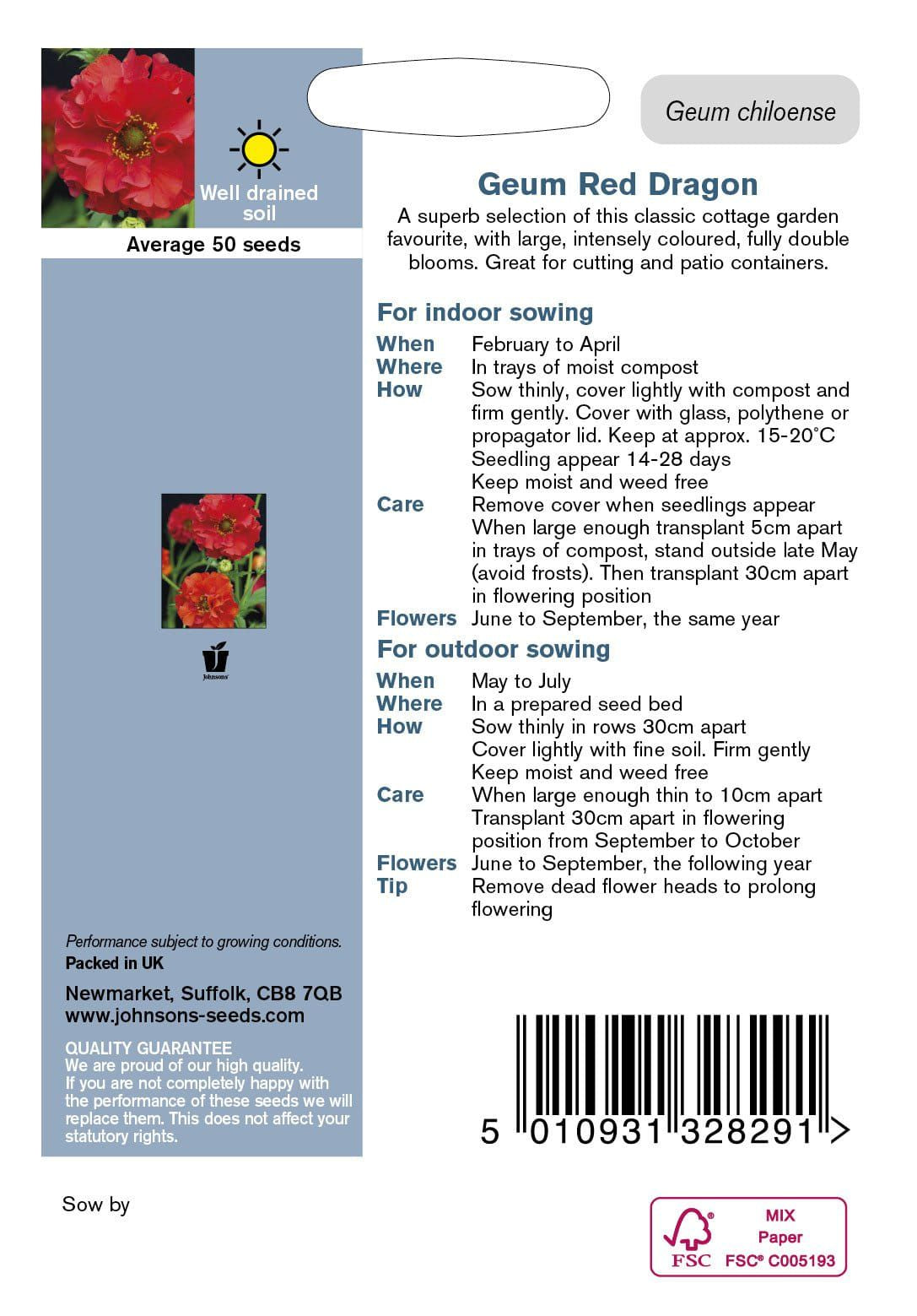 Johnson Seeds - Flower - Geum Red Dragon - 50 Seeds