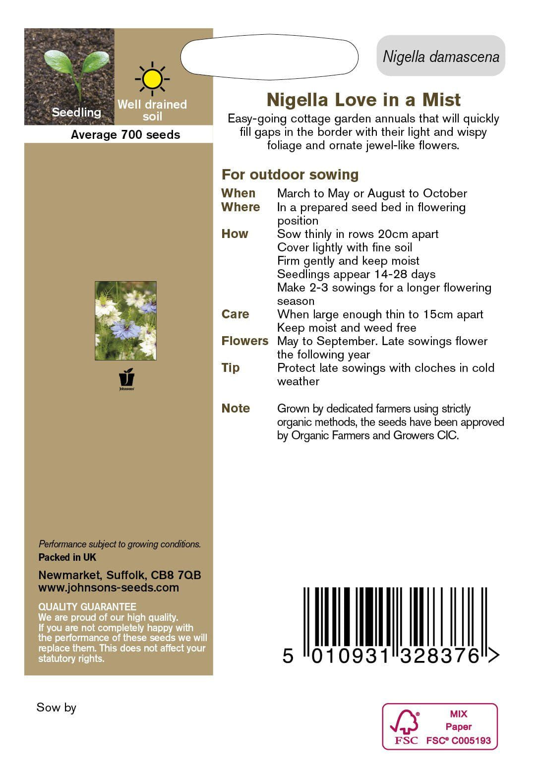 Johnson Seeds - Organic Flower - Organic Nigella Love In A Mist - 700 Seeds