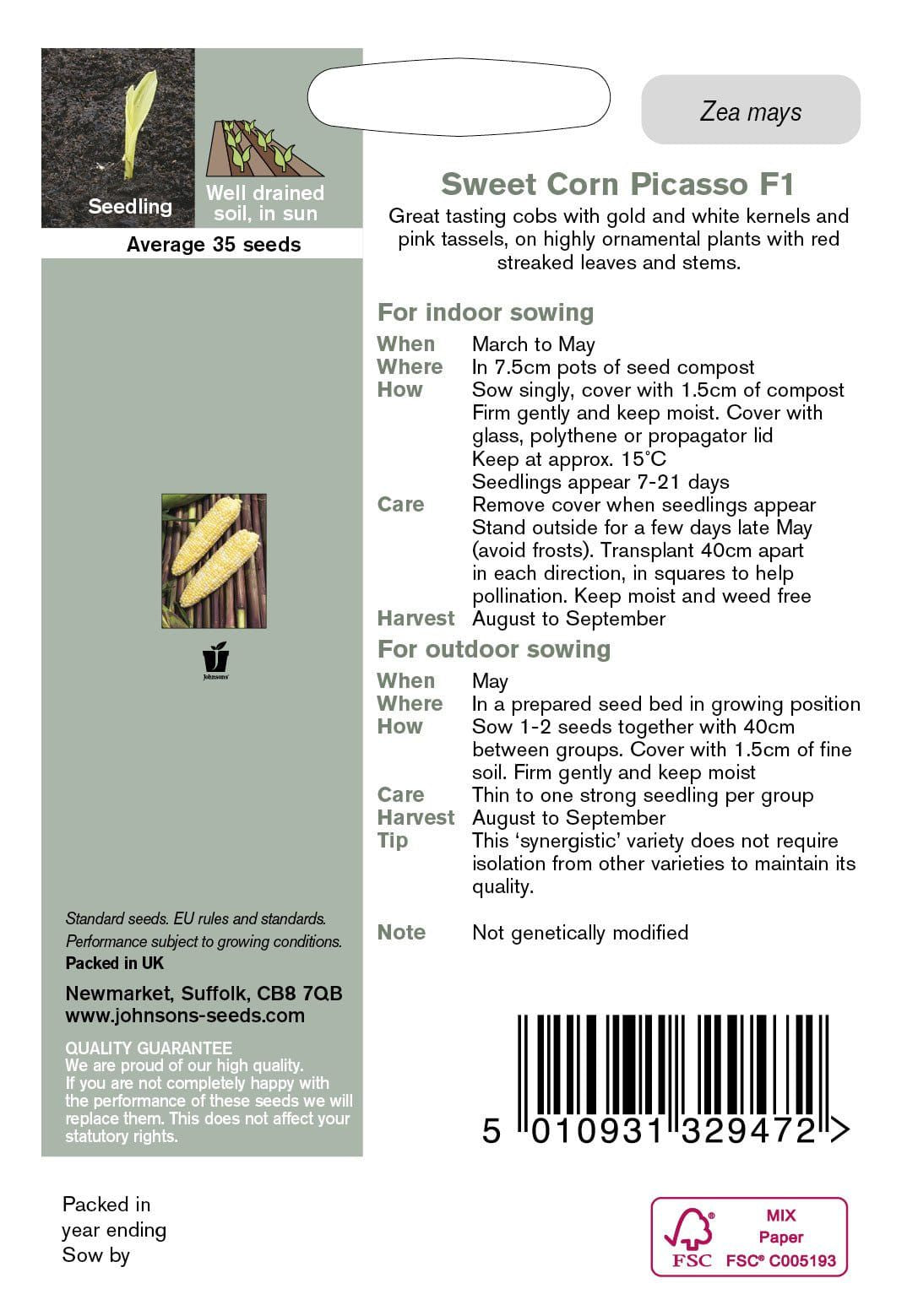 Johnson Seeds - Vegetable - Sweet Corn Picasso F1 - 35 Seeds