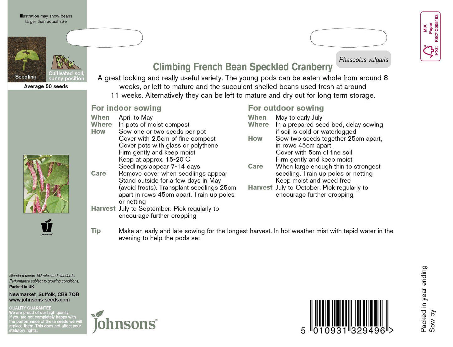 Johnson Seeds - Climbing French Bean Speckled Cranberry - 50 Seeds