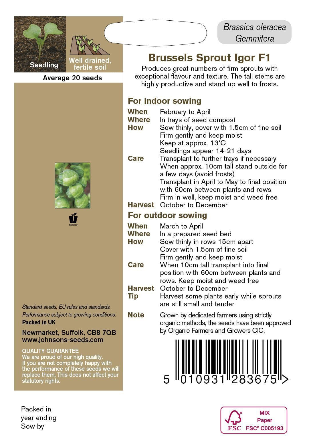 Johnsons Organic Brussels Sprout Igor F1 20 Seeds