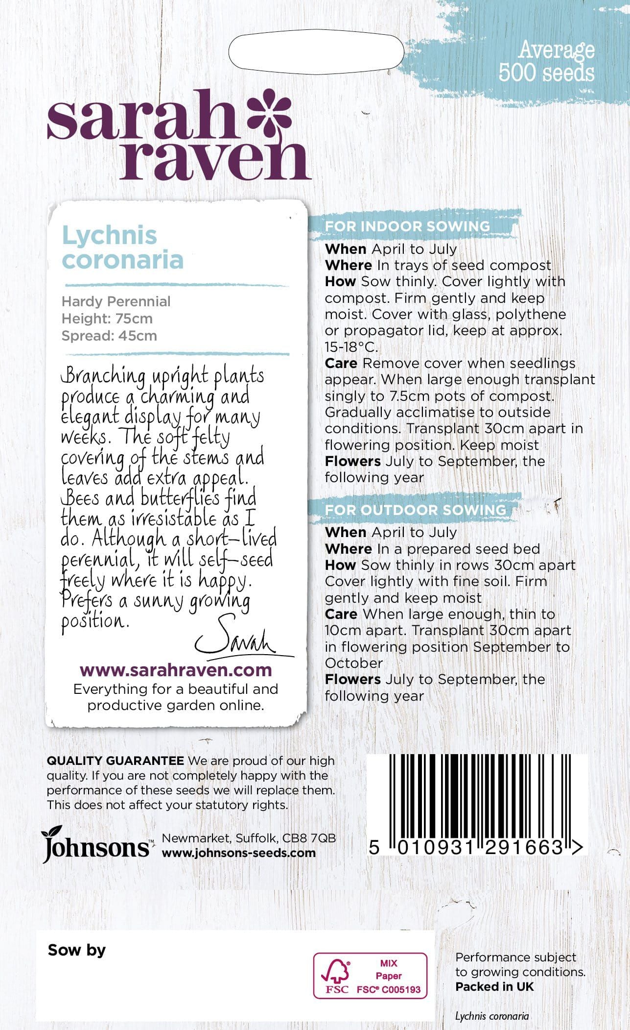 Johnsons Seeds Sarah Raven Wildlife- Lychnis Coronaria 500 Seeds