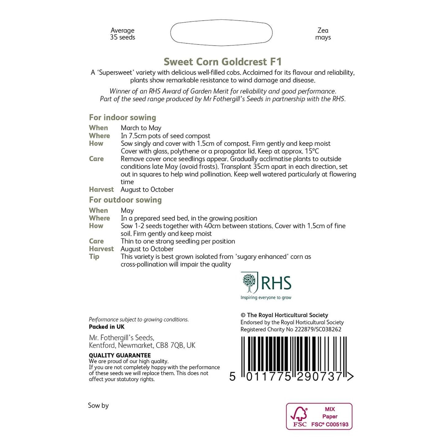 Mr Fothergills RHS Sweet Corn Goldcrest F1 35 Seeds