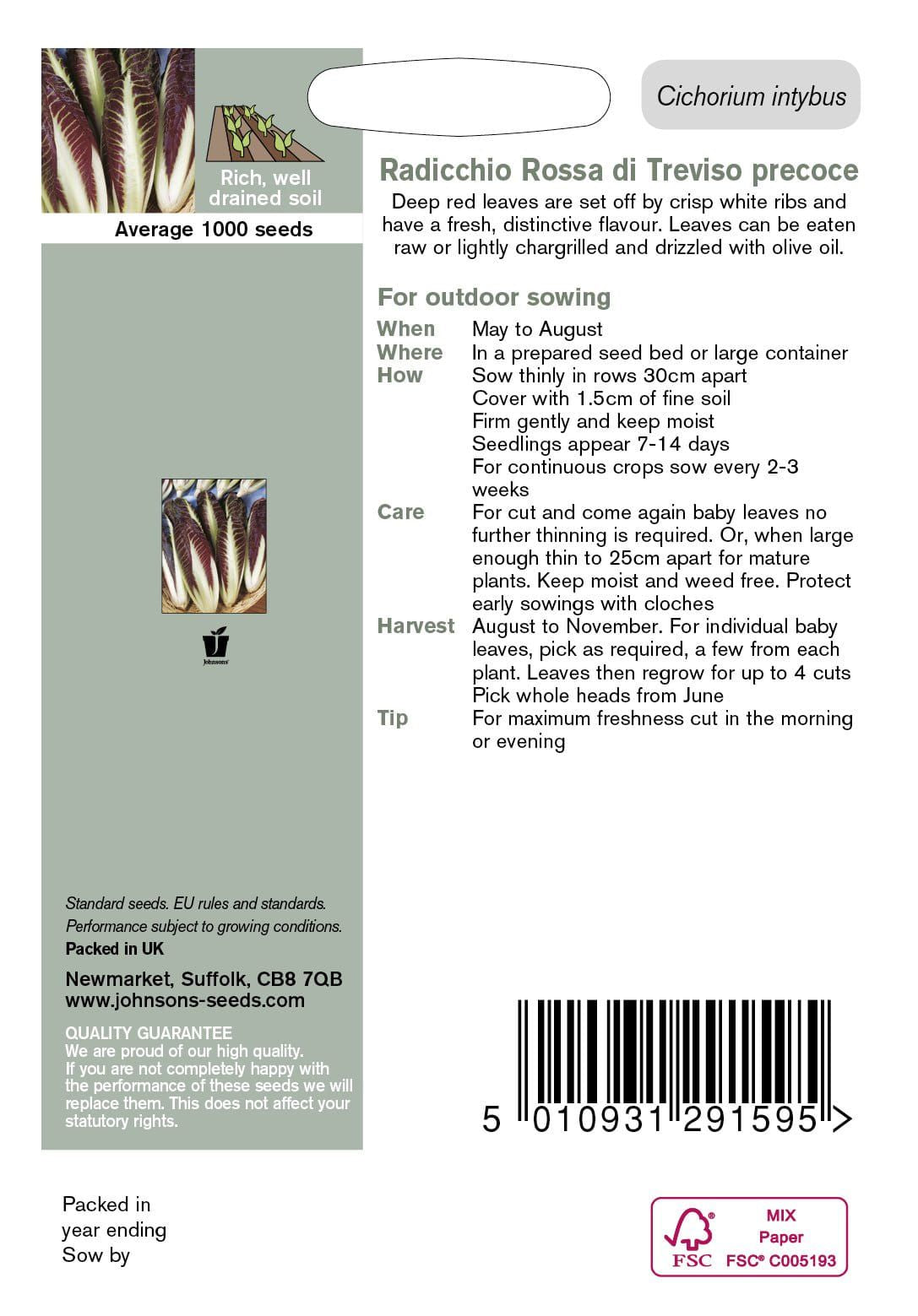 Johnsons Seeds Radicchio Rossa Di Treviso Precoce 1000 Seeds