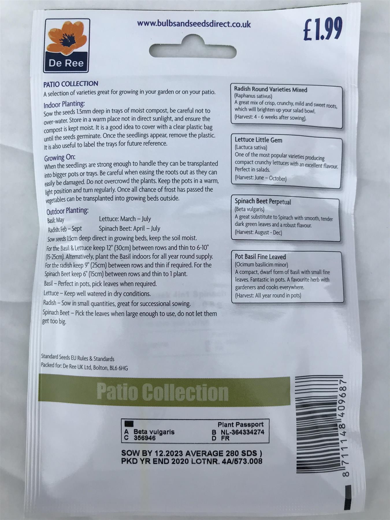 De Ree - Patio Collection Seed 4 type Radish Lettuce Spinach Basil