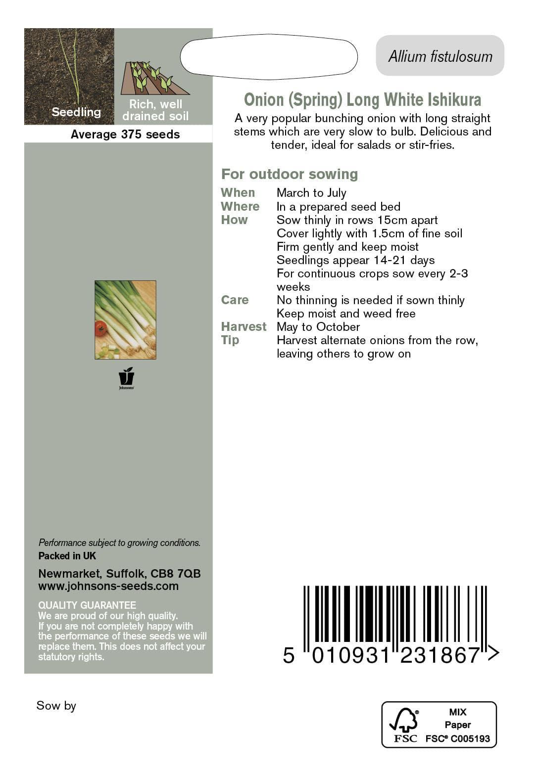 Johnsons Organic Spring Onion Ishikura 350 Seeds