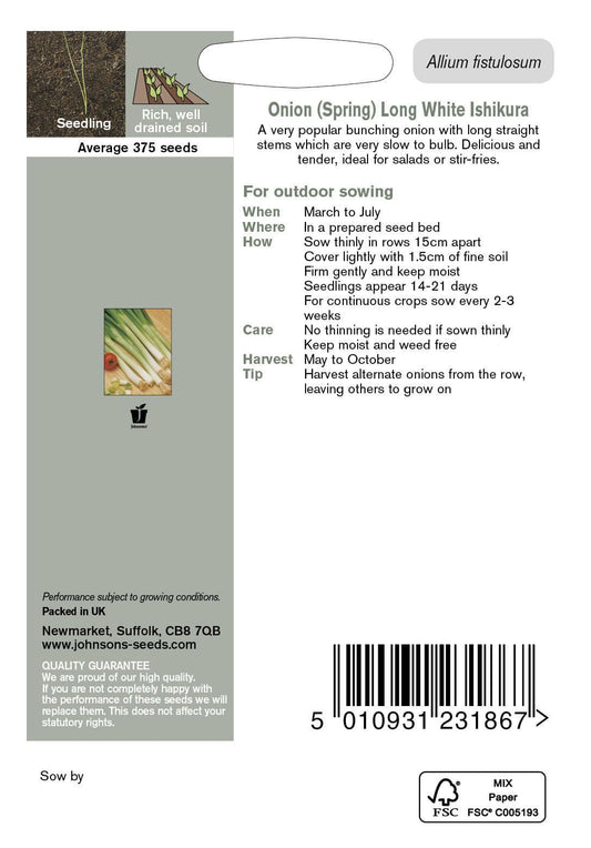 Johnsons Organic Spring Onion Ishikura 350 Seeds