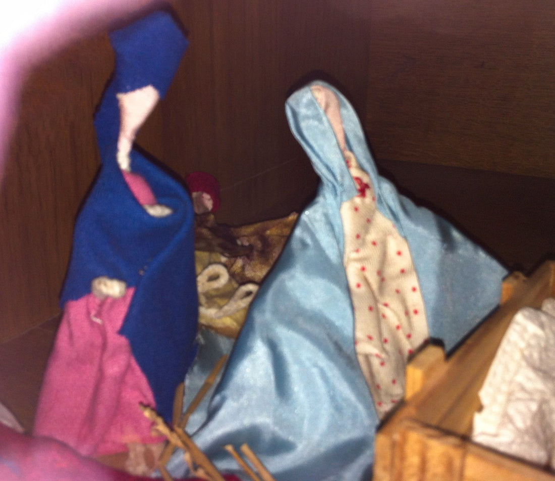 Home made nativity figures of Mary and Joseph
