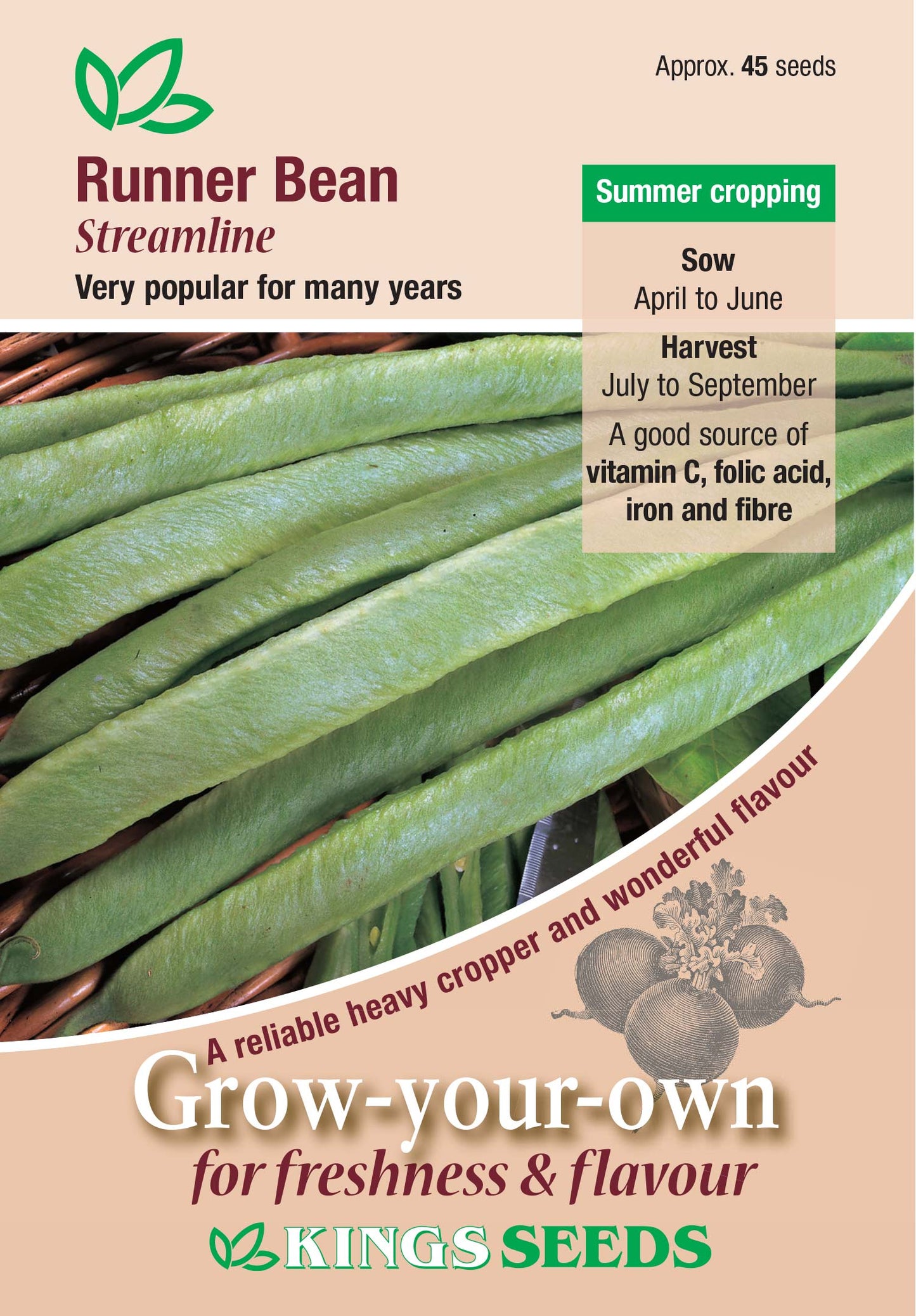 Kings Seeds Runner Bean Streamline 45 Seeds - Reduced Short Sow By Date Sept 2024
