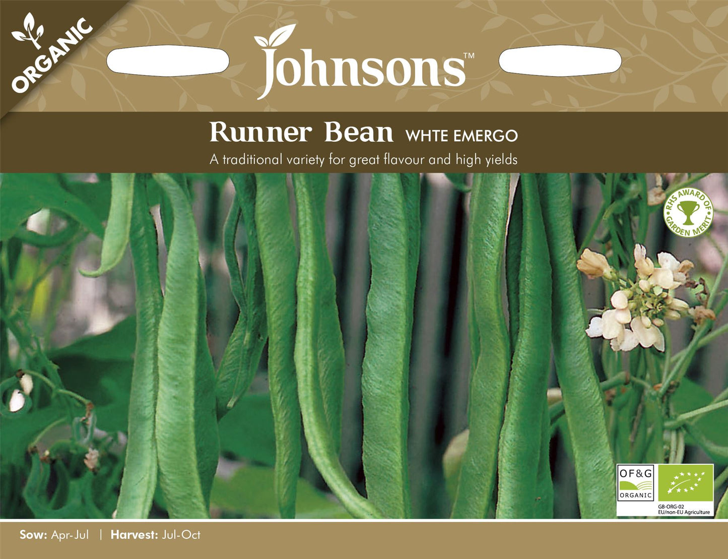 Johnsons Organic Runner Bean White Emergo 40 Seeds