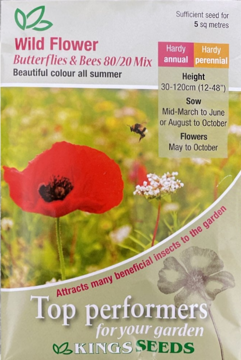 Kings Seeds Wild Flower Mix Butterflies and Bees 80/20 (Contains Grass) 25g Seed