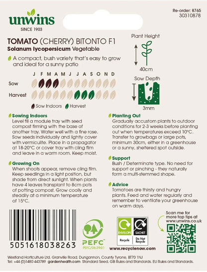 Unwins Cherry Tomato Bitonto F1 - 8 Seeds – Compact Patio Variety