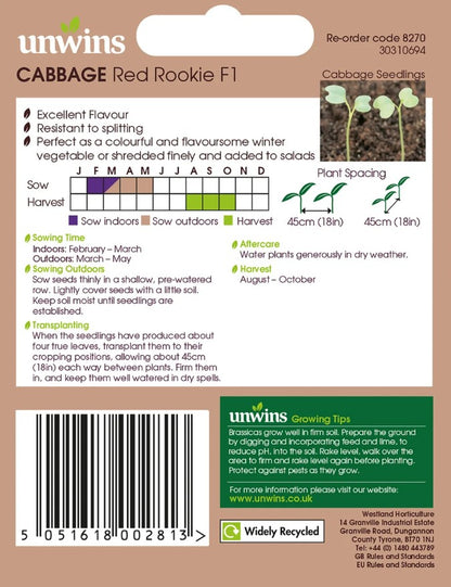 Unwins Round Cabbage Red Rookie F1 - 40 Seeds – Early Variety