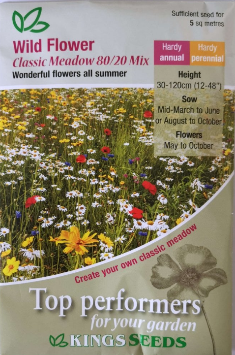 Kings Seeds Wild Flower Mix Classic Meadow 80/20 ( Contains Grass) 25g Seed