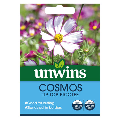 Unwins Cosmos Tip Top Picotee Seeds – White & Purple Flowers