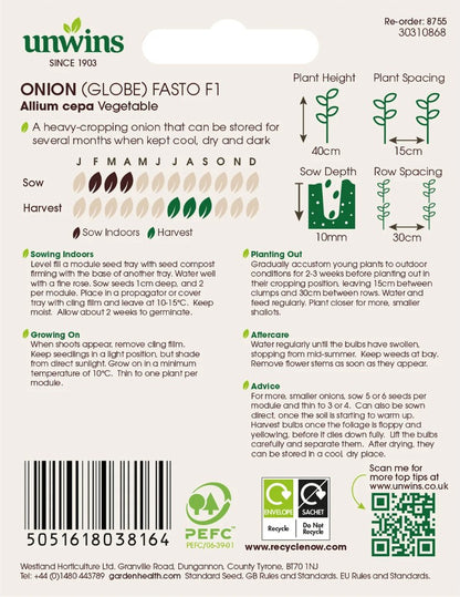 Unwins Onion Fasto F1 - 300 Seeds – Early Golden Storage Onion