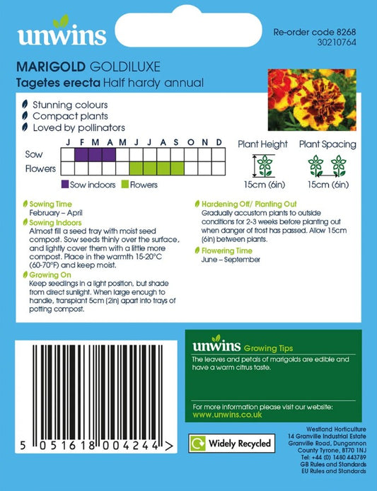 Unwins Marigold Goldiluxe 50 Seeds – African Marigold Mix