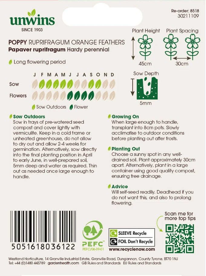 Unwins Poppy Rupifragum Orange Feathers Seeds – Double Orange