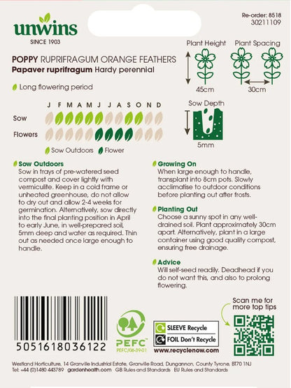 Unwins Poppy Rupifragum Orange Feathers Seeds – Double Orange