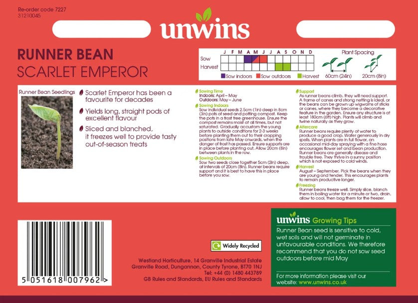 Unwins Vegetable Runner Bean Scarlet Emperor Seeds