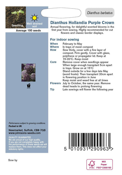 Johnsons Seeds Dianthus Hollandia Purple Crown 100 Seeds