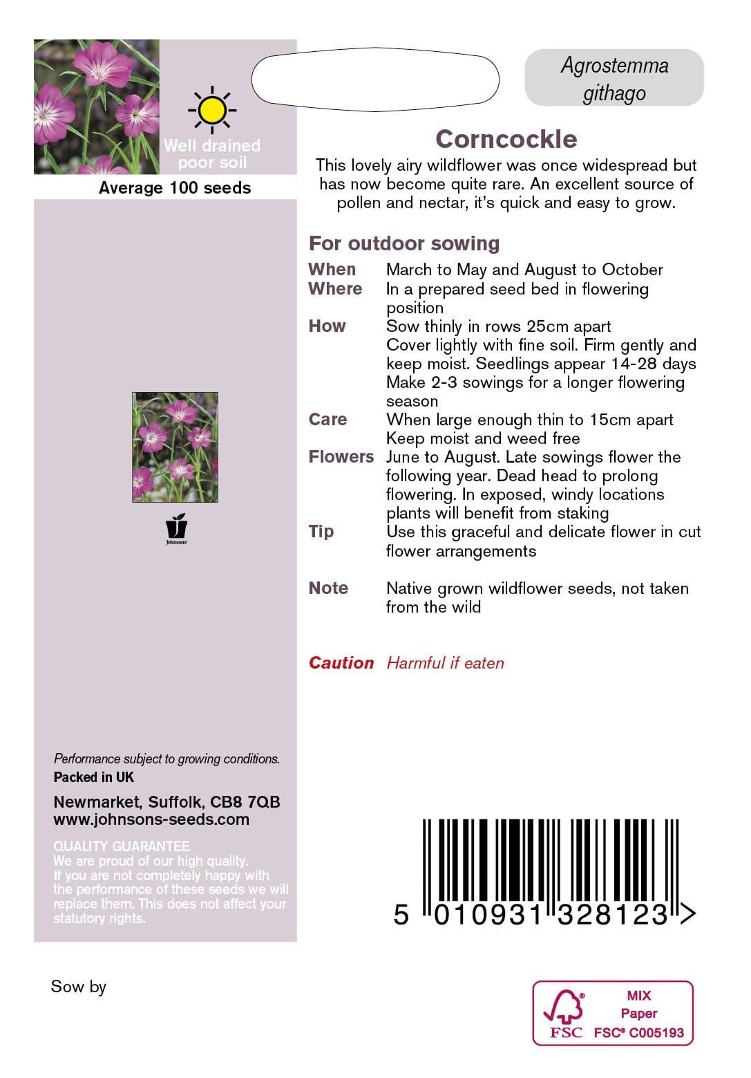 Johnson Seeds - Wild Flower - Corncockle - 100 seeds
