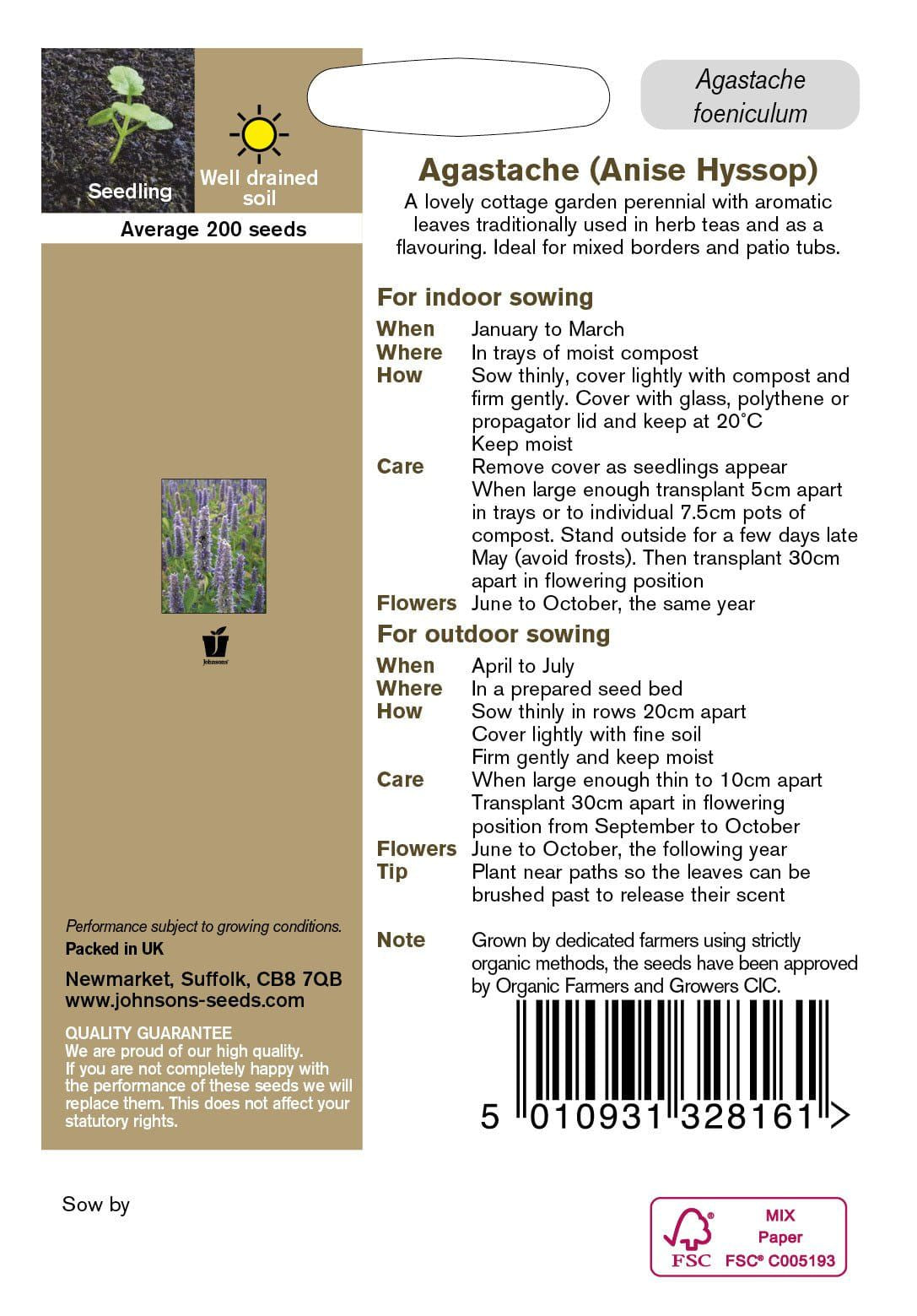 Johnson Seeds - Organic Flower - Agastache (Anise Hyssop) - 200 Seeds