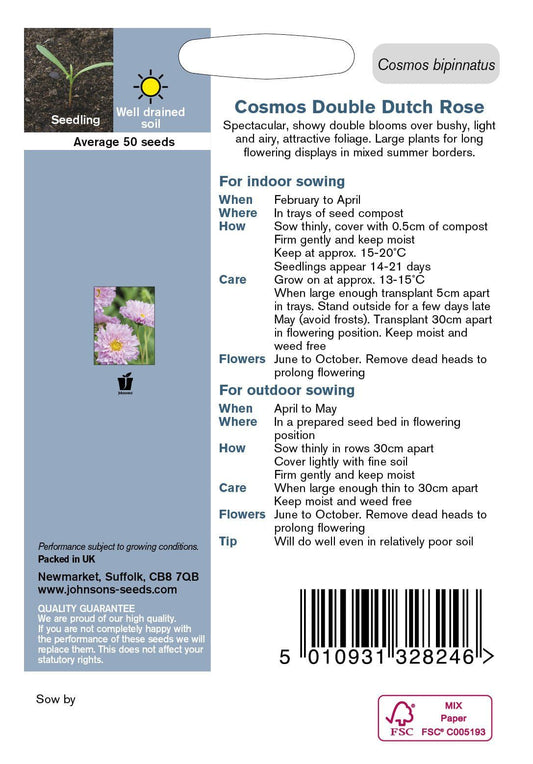 Johnson Seeds - Flower - Cosmos Double Dutch Rose - 50 Seeds