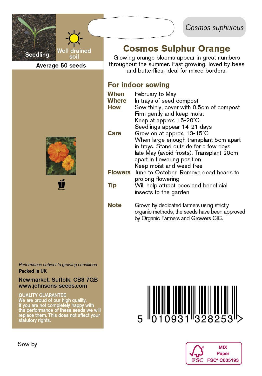 Johnson Seeds - Organic Flower - Cosmos Sulphur Orange - 50 Seeds