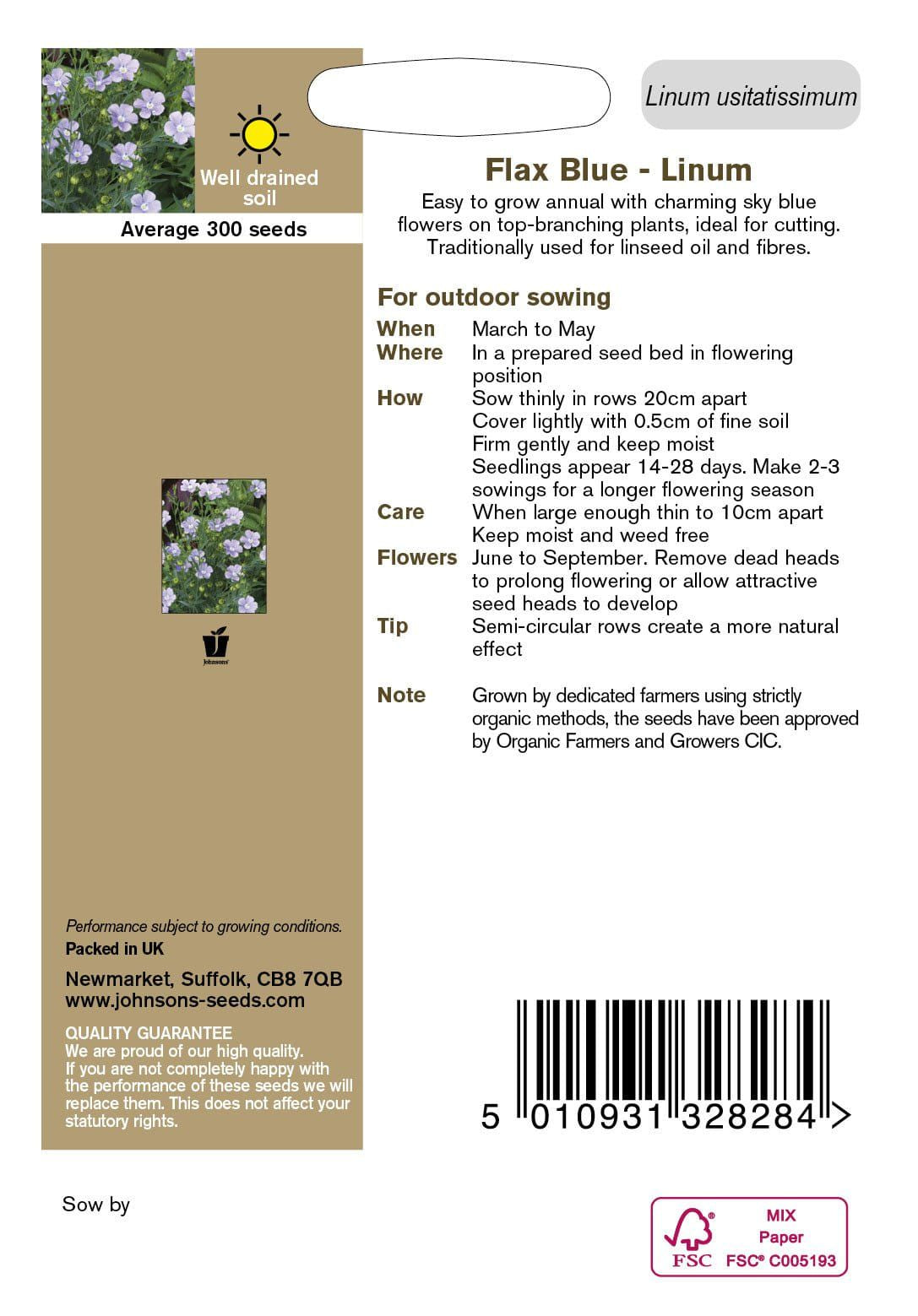 Johnson Seeds Organic Flax Blue Linum 300 Seeds