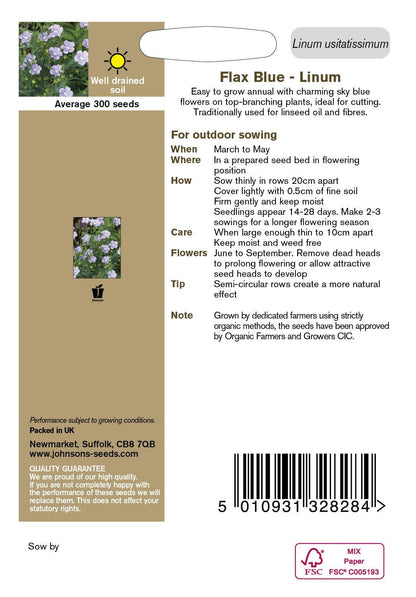 Johnson Seeds Organic Flax Blue Linum 300 Seeds