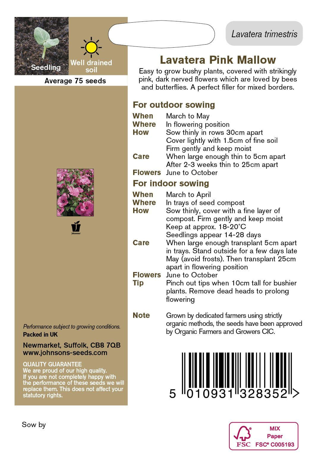 Johnson Seeds - Organic Flower - Organic Lavatera Pink Mallow - 75 Seeds