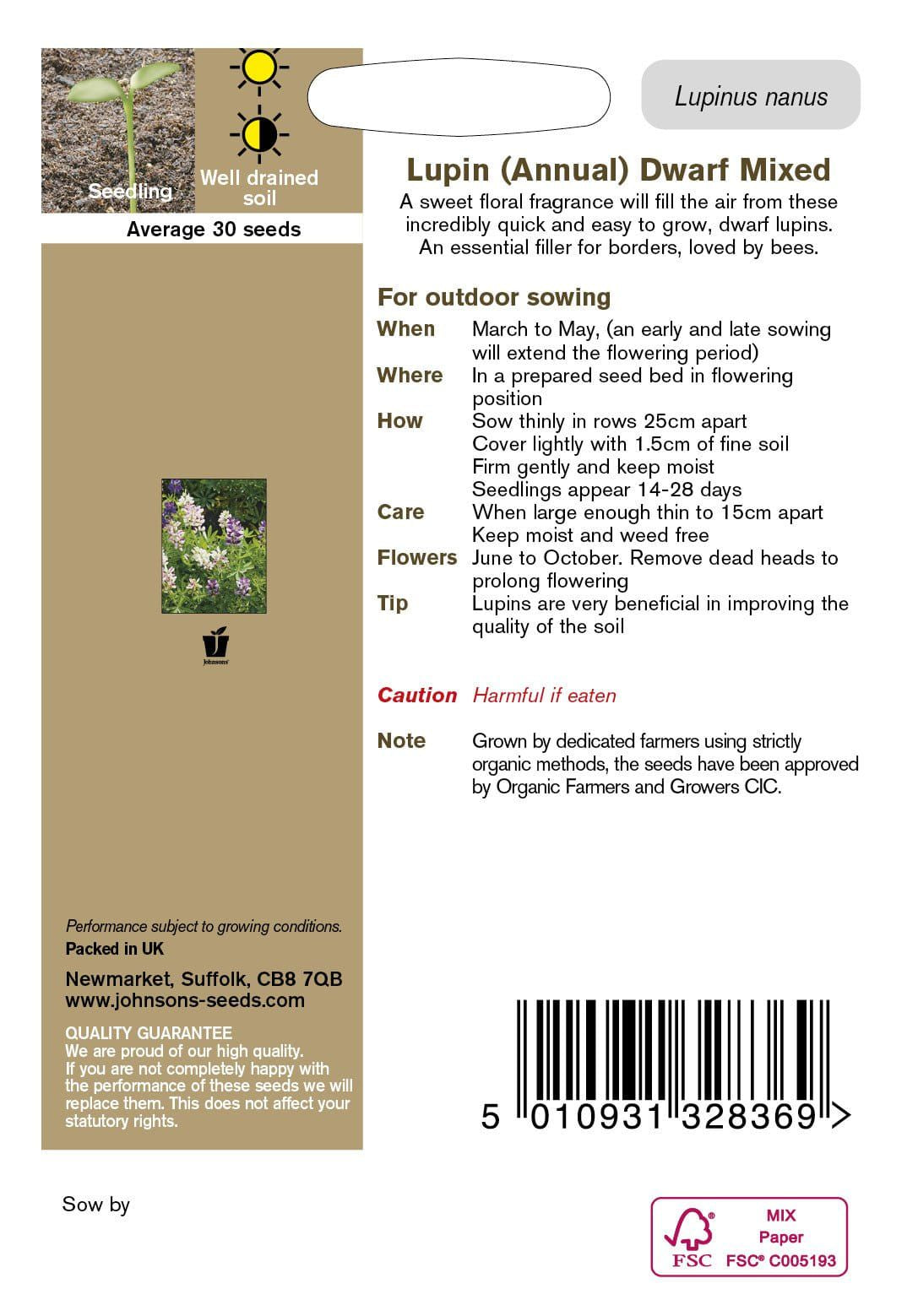 Johnson Seeds - Organic Flower - Organic Lupin Annual Dwarf Mixed - 30 Seeds