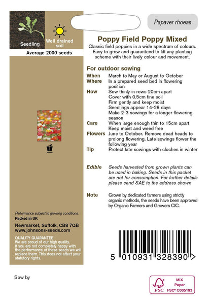 Johnson Seeds - Organic Flower - Organic Poppy Field Poppy Mixed - 2000 Seeds